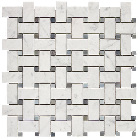 Carrara White Gioia polished basketweave mosaic with blue-gray dots.