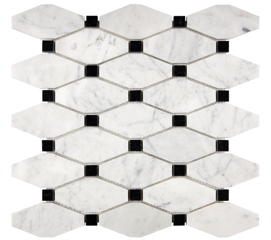 Carrara White Gioia polished elongated hexagon mosaic with black dots.