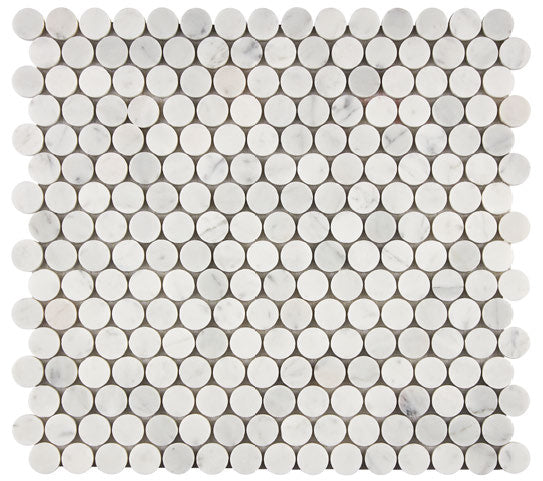 Carrara White Gioia honed penny round marble mosaic.
