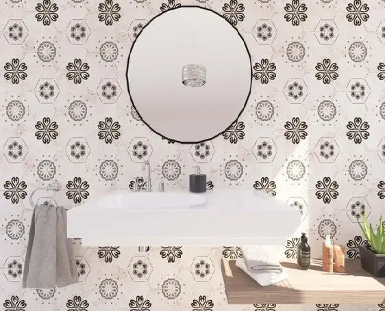 Castellon Nora Hex Gris porcelain tile installed on a commercial bathroom wall.