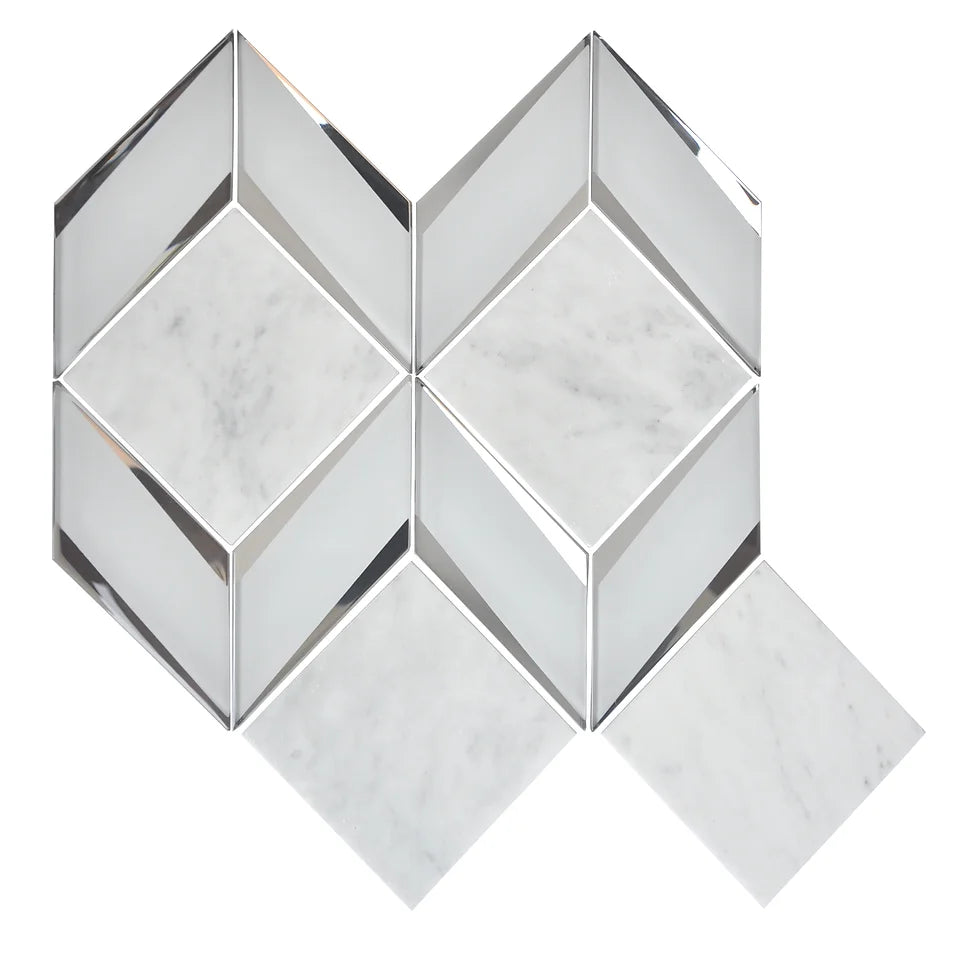 Central Park Luminous Frost 12×12 polished marble and glass geometric mosaic.