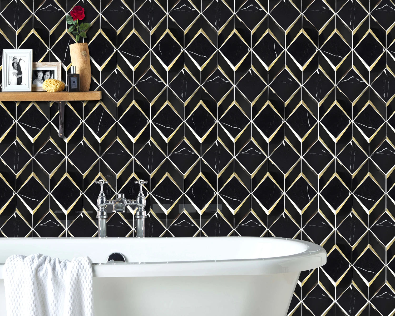 Bathroom wall showcasing Obsidian Shine Dark and reflective black marble and glass for dramatic, bold interiors.