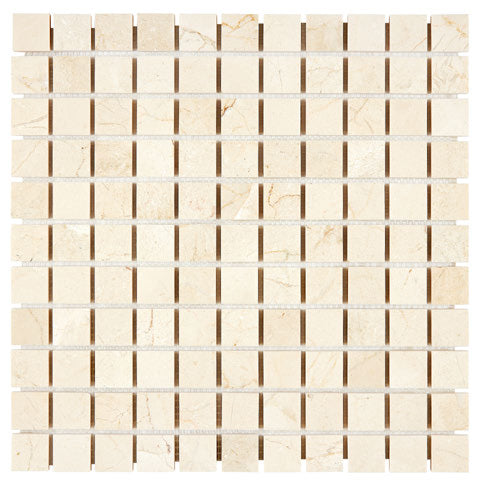 Crema Marfil 1×1 square mosaic image whose filename identifies a tumbled finish not offered by this product.