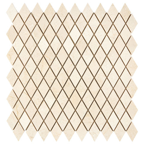 Crema Marfil honed 1×2 diamond marble mosaic.