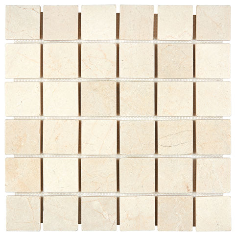 Crema Marfil honed 2×2 square marble mosaic.