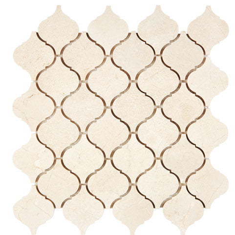 Crema Marfil honed arabesque marble mosaic.