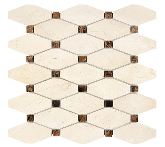 Crema Marfil elongated hexagon mosaic with Emperador Dark dots.