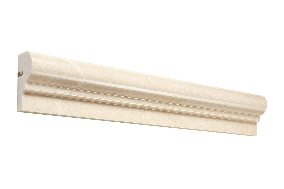 Crema Marfil marble 2×12 ogee chair rail trim in polished or honed finish, warm beige with soft veining.
