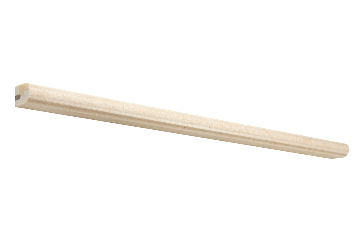 Crema Marfil marble ½×12 pencil liner trim in polished and honed finishes, warm beige with soft veining.