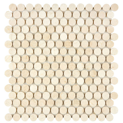 Crema Marfil polished penny round marble mosaic.