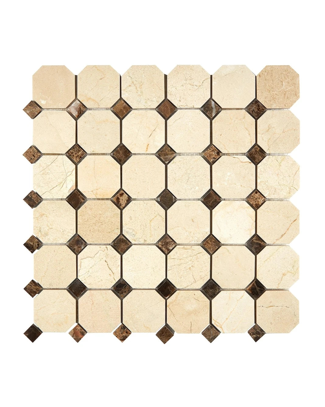 Crema Marfil octagon mosaic with Emperador Dark dots in polished or honed finish.