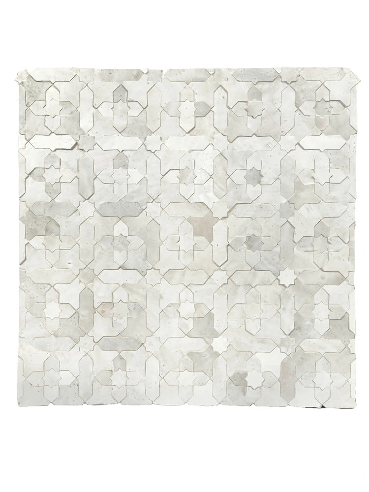 Handmade Moroccan Zellige Cross mosaic in Sahara Cream and Casablanca White.