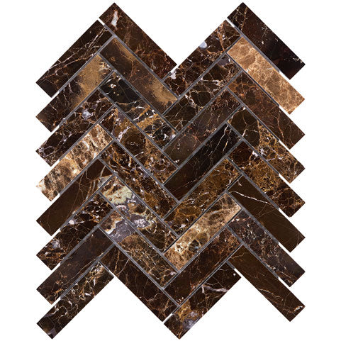 Emperador Dark marble polished 1×4 herringbone mosaic sheet.