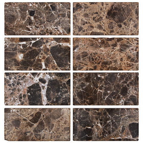 Emperador Dark marble tumbled 3×6 subway tile.