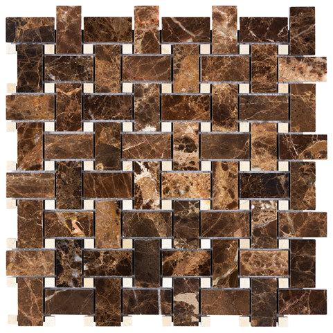 Emperador Dark marble polished basketweave mosaic with beige accent dots.