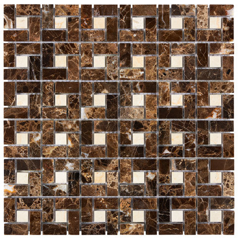 Emperador Dark marble polished pinwheel mosaic with beige accent dots.