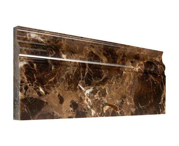 Emperador Dark polished baseboard at an interior floor-to-wall transition.