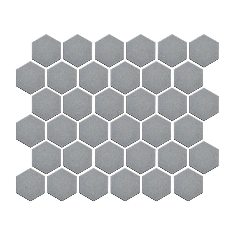Foundry Silver Mist matte full-body porcelain hexagon mosaic.