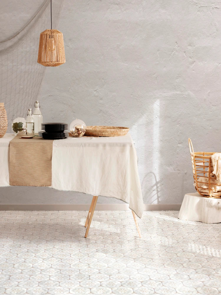 Fez Golden Glow Deco porcelain hexagon tile showing its Moroccan-inspired floral design.