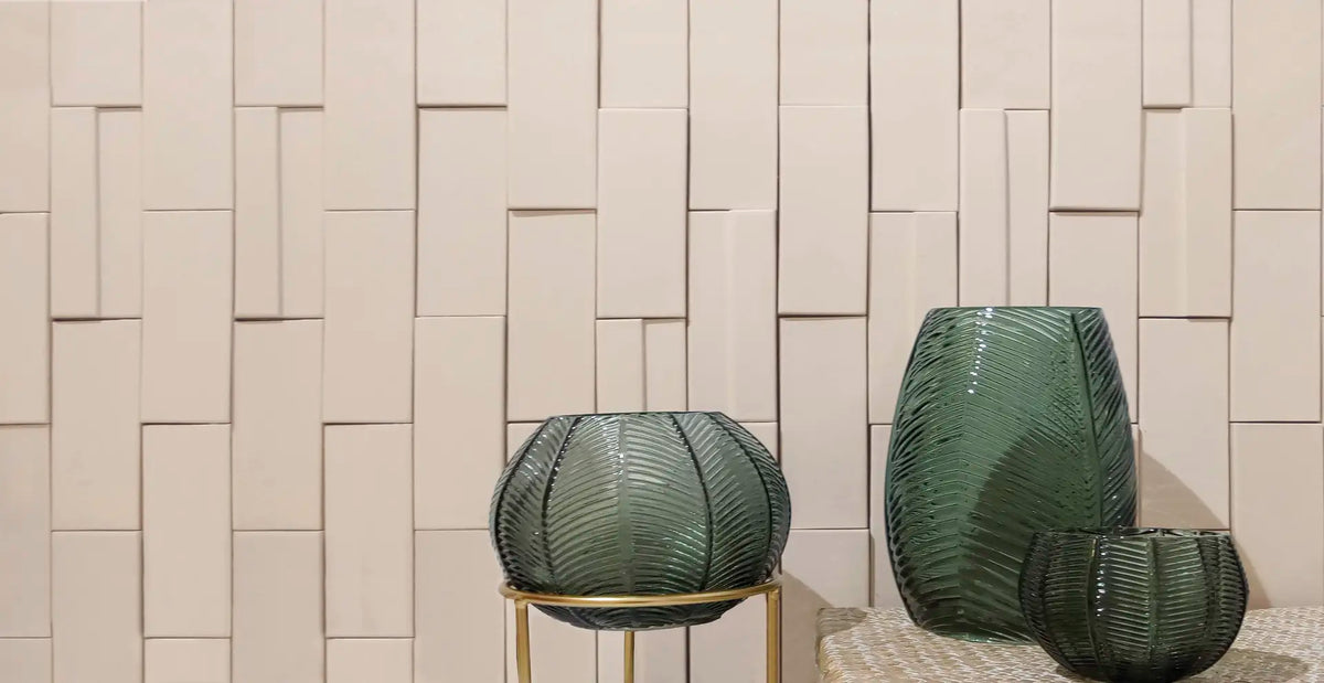 Fez Glow glossy ceramic wall tile installed on a warm feature wall.