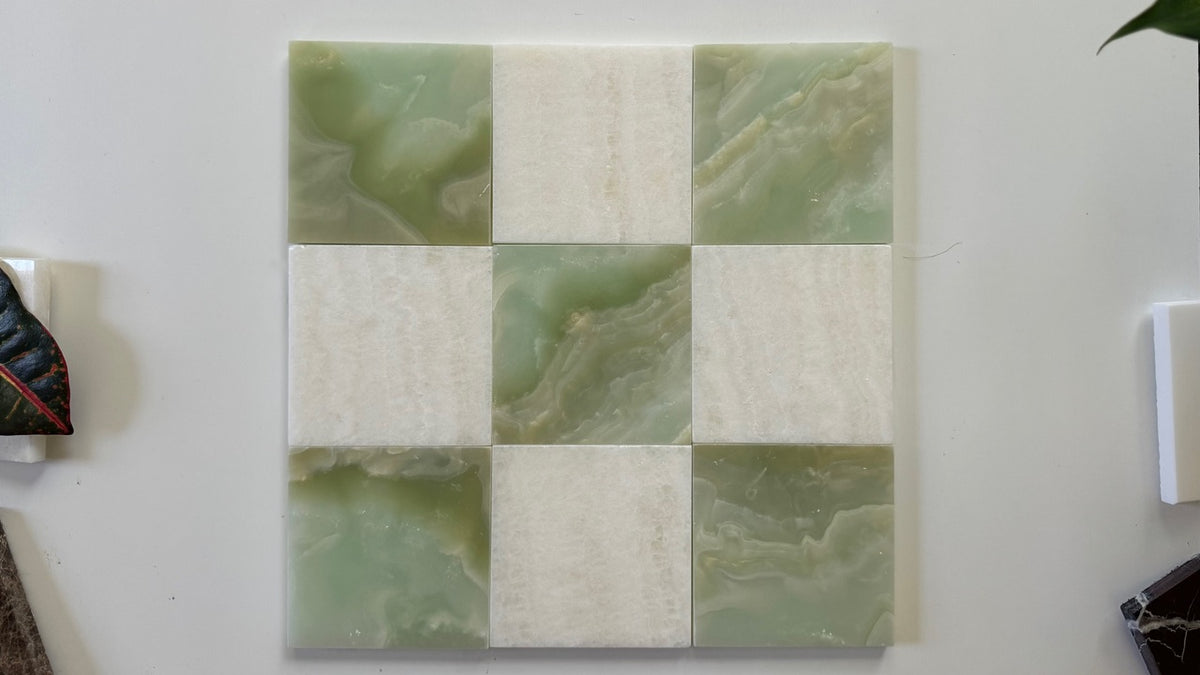 Green Onyx and Vanilla Onyx arranged as a polished checkerboard pattern.