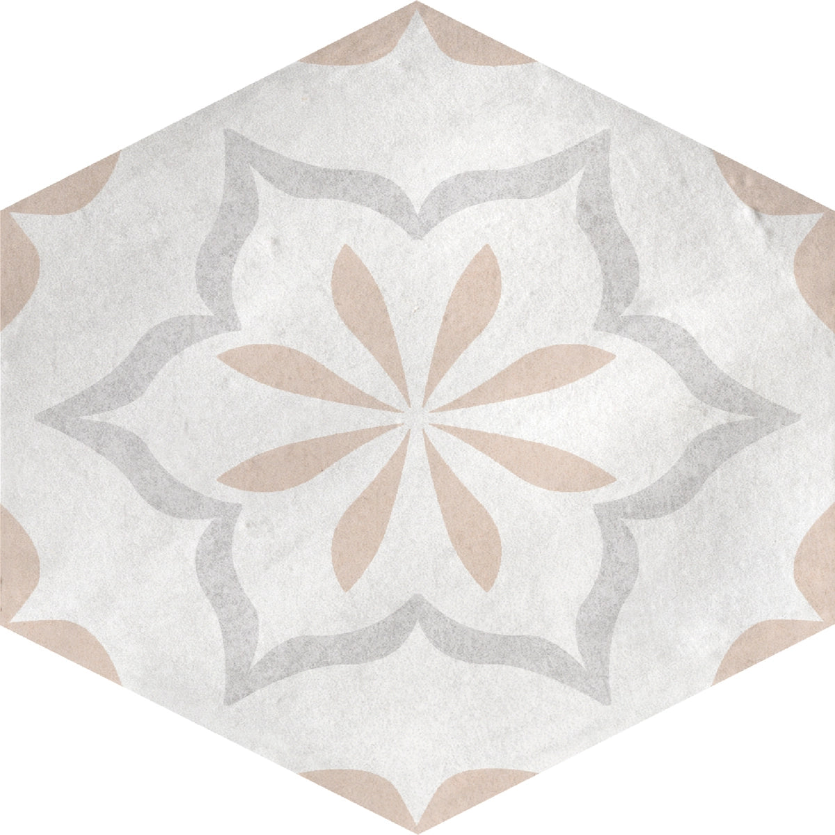 Fez Golden Glow Deco matte porcelain hexagon tile with a warm champagne floral pattern.