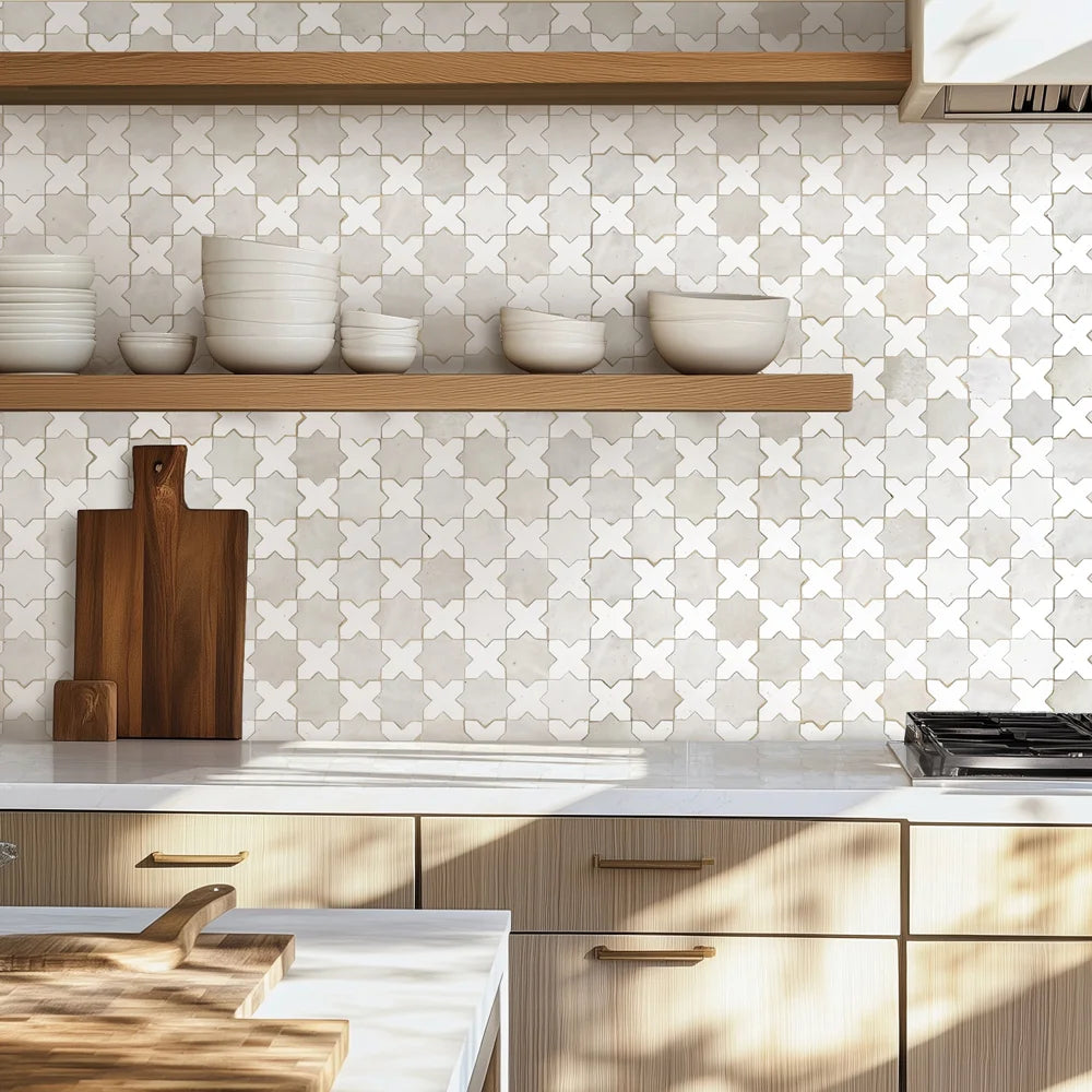 Glossy Zellige Starburst mosaic installed on a kitchen backsplash.