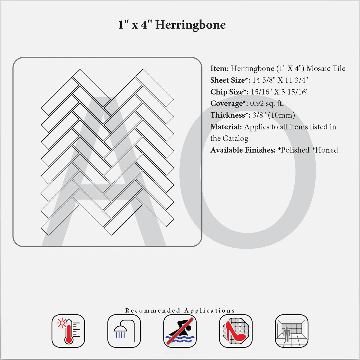 Generic 1×4 herringbone mosaic specification reference; exact Bianco Dolomite stone is not confirmed.