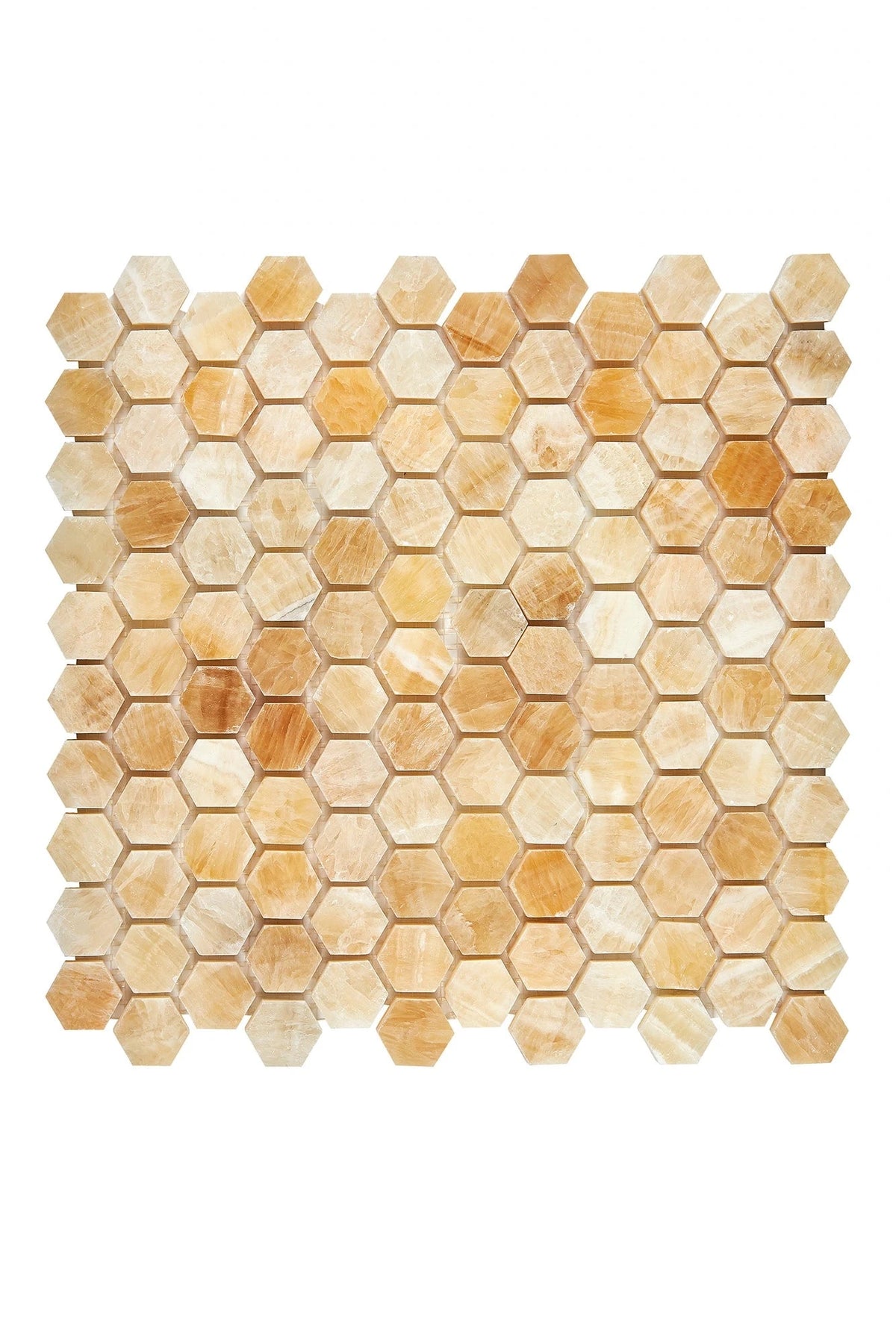 Honey Onyx polished 1-inch hexagon mosaic.