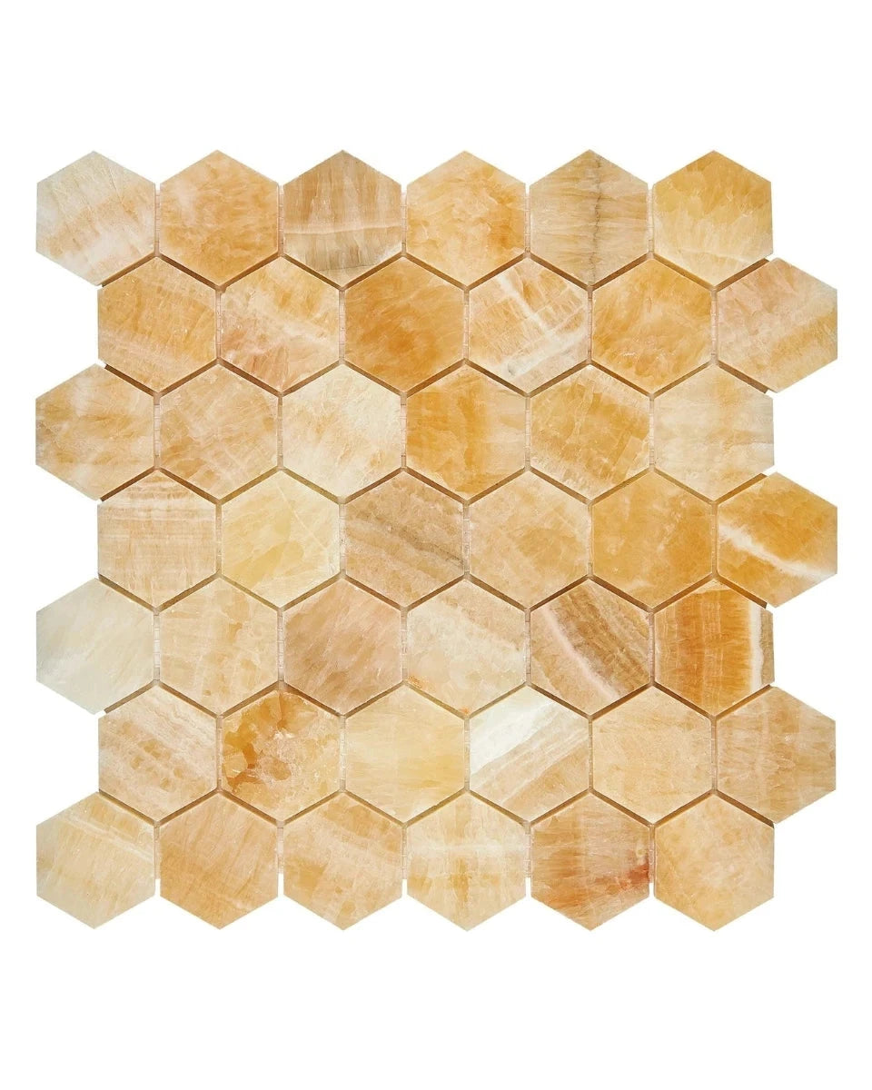 Honey Onyx polished 2-inch hexagon mosaic.