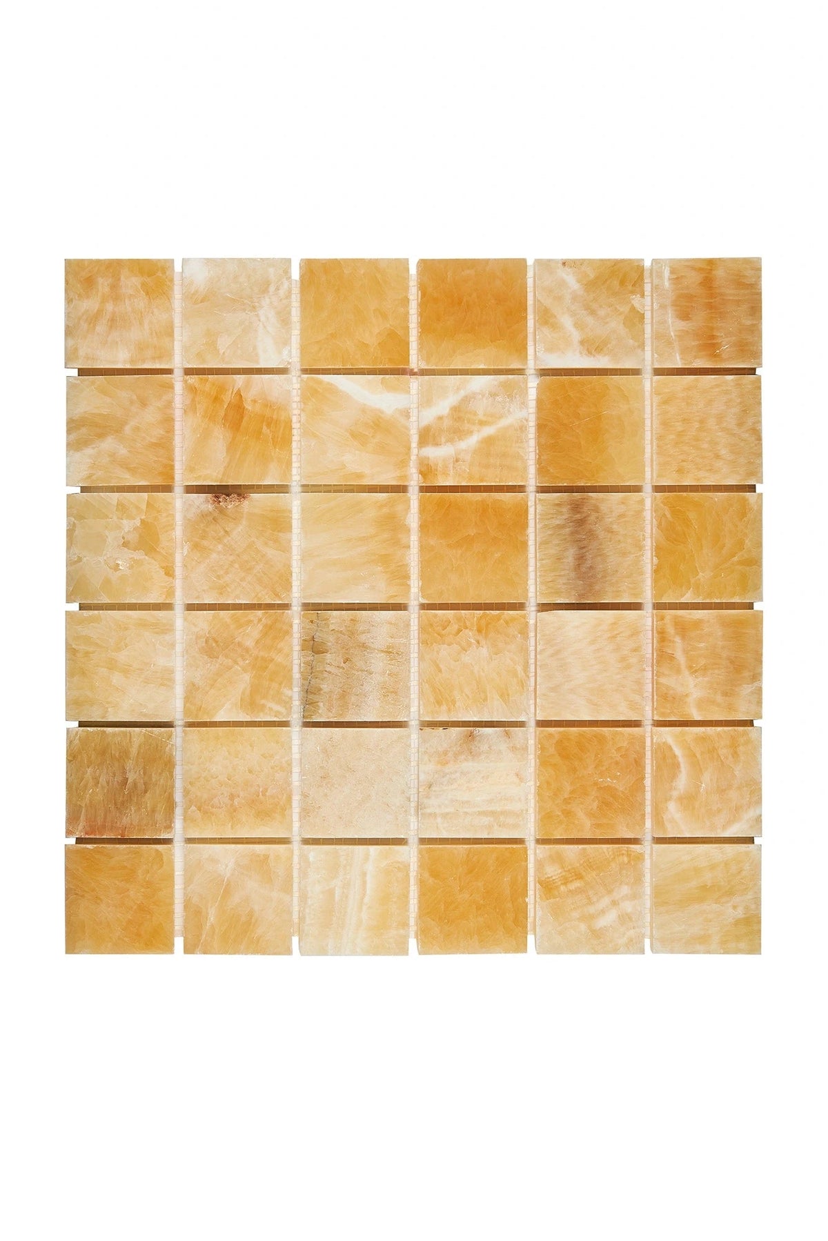 Honey Onyx polished 2×2 square mosaic.
