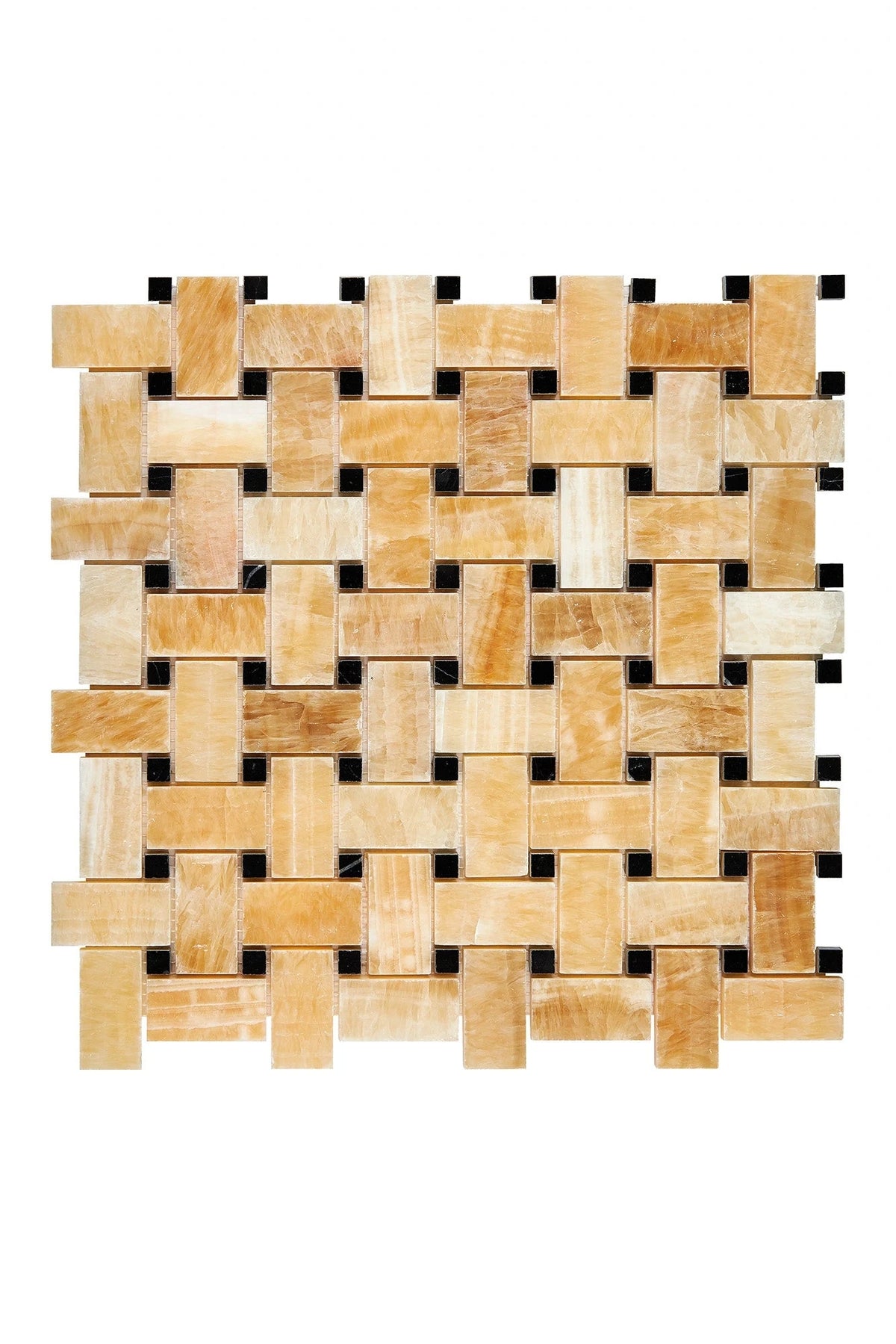 Honey Onyx polished basketweave mosaic with black marble dots.