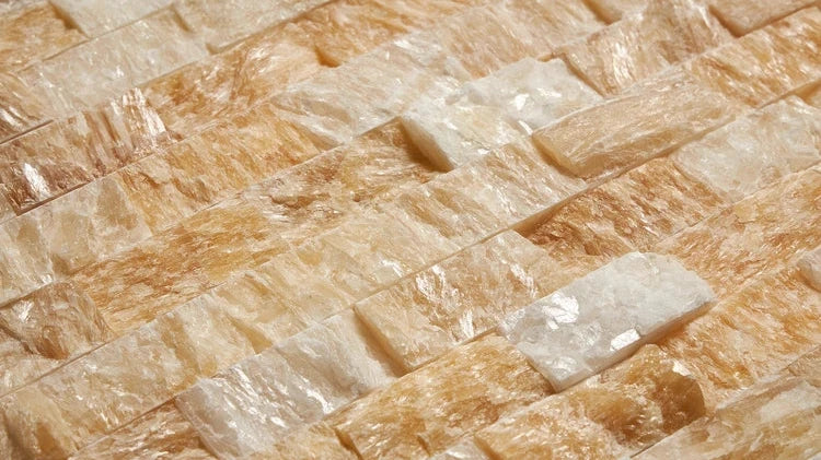 Close-up of Honey Onyx 1×2 split-face mosaic texture.