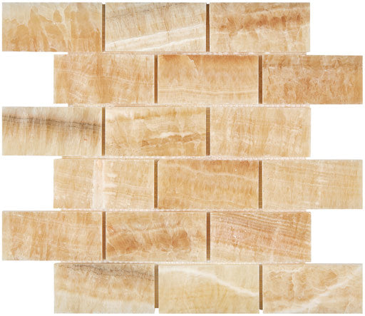 Honey Onyx polished 2×4 brick mosaic.