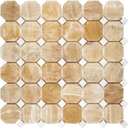 Honey Onyx octagon mosaic gallery image labeled with black dots although this product uses white dots.