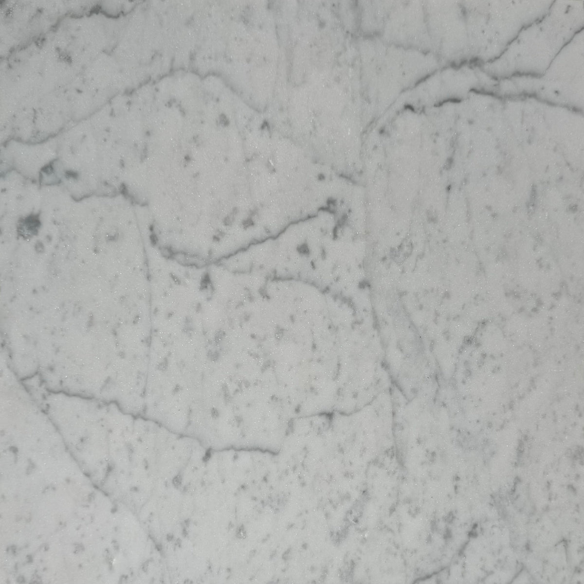Carrara White Gioia marble 12×12 tile natural veining close-up.