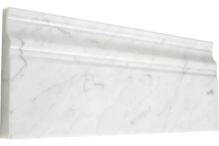 Carrara White Gioia marble honed 4¾×12 baseboard.