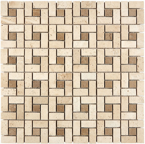 Pinwheel Mosaic showing tumbled and small-format warm ivory-beige Ivory Travertine.