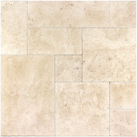 Brushed & Chiseled Versailles Set showing chiseled-edge and brushed warm ivory-beige Ivory Travertine.