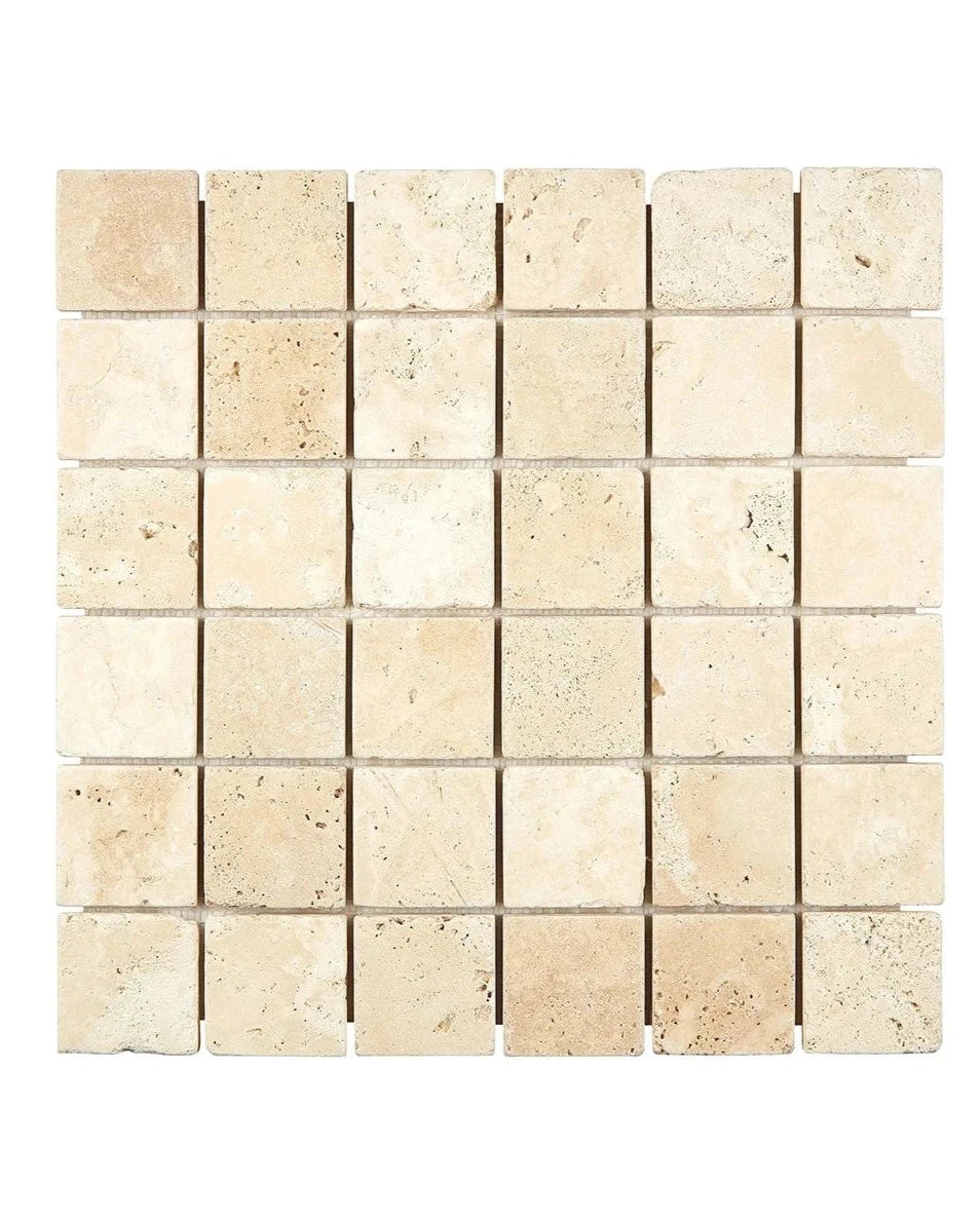 2×2 Mosaic showing tumbled warm ivory-beige Ivory Travertine.