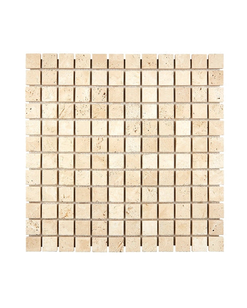 1×1 Mosaic showing tumbled warm ivory-beige Ivory Travertine.