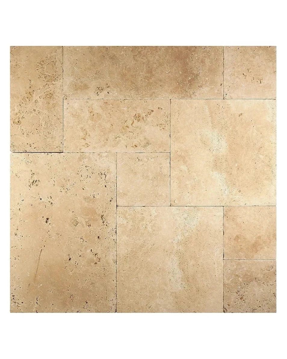 Brushed & Chiseled Versailles Set showing tumbled warm ivory-beige Ivory Travertine.