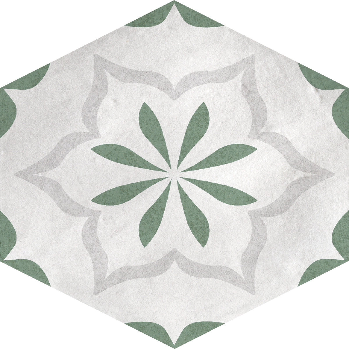 Fez Jade Oasis Deco matte porcelain hexagon tile with vibrant green floral patterning.