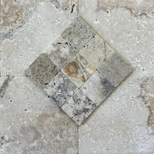 LaTravonya Travertine 4×4 tumbled tile pattern.