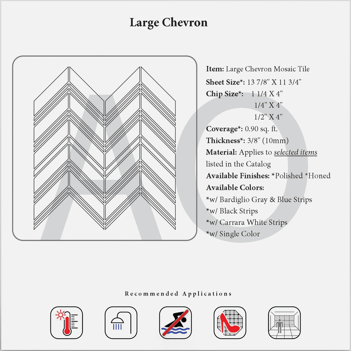 Generic large chevron mosaic finish and dimension reference; exact accent color is not confirmed.