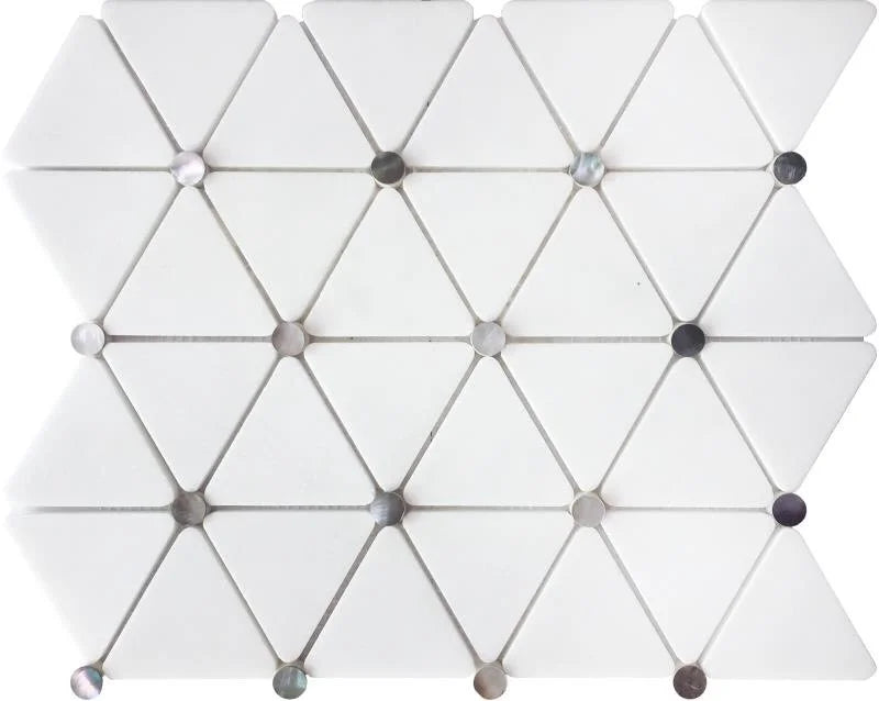 Luminous Pearls Ethereal Miki 11×13 pearl and marble geometric mosaic tile.