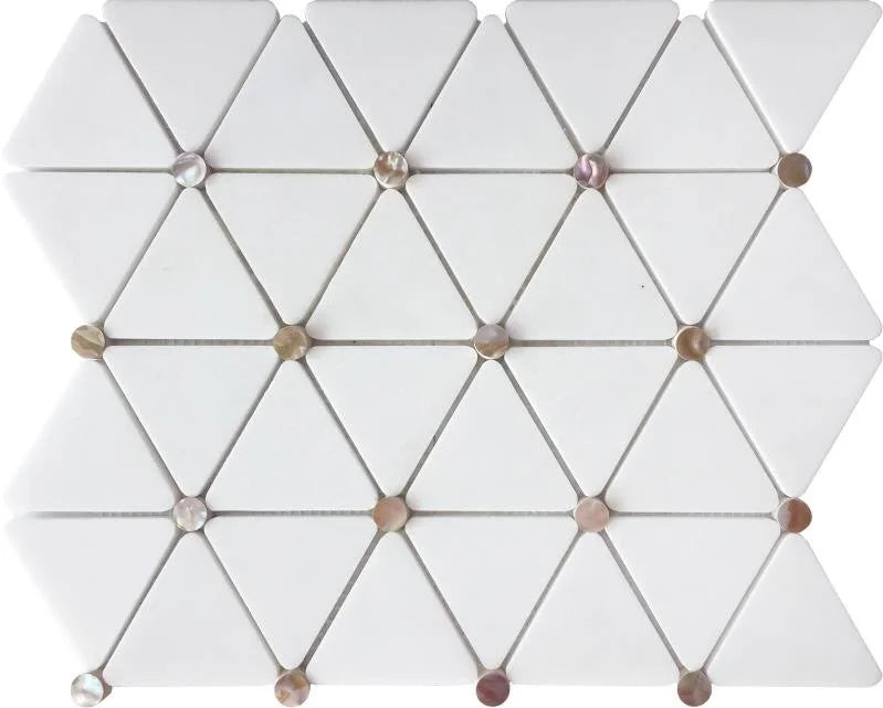 Luminous Pearls Radiant Southsea 11×13 pearl and marble geometric mosaic tile.
