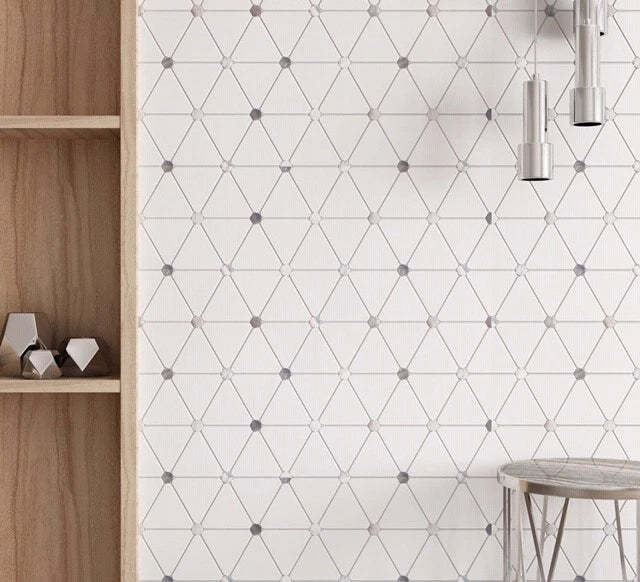 Luminous Pearls Ethereal Miki pearl and marble mosaic installed on a serene feature wall.