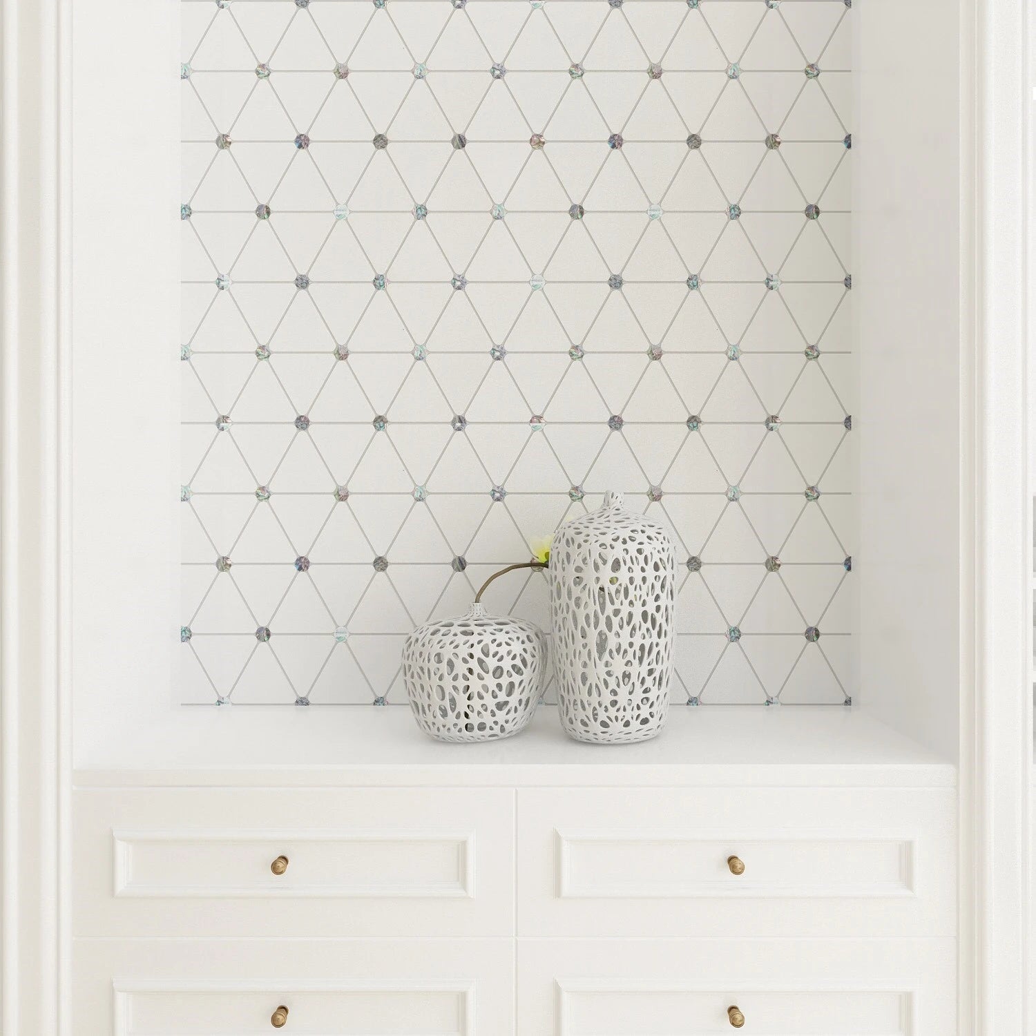 Luminous Pearls Tahitian Glow pearl and marble mosaic installed on a luxurious entry wall.