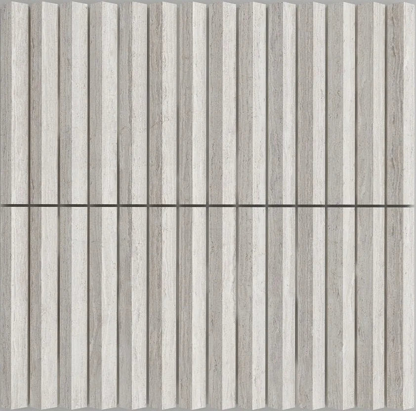 Luxe Profiles Encore 12×12 Beige-Gray leathered marble dimensional mosaic.